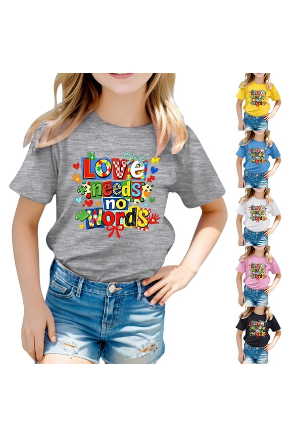 Kids Autism Awareness T-Shirt - Love Needs No Words Tie-Dye Tee for Boys Girls, Neurodiversity Inclusion Graphic Shirt, Soft Cotton Summer Top(Grey/1-2Years)