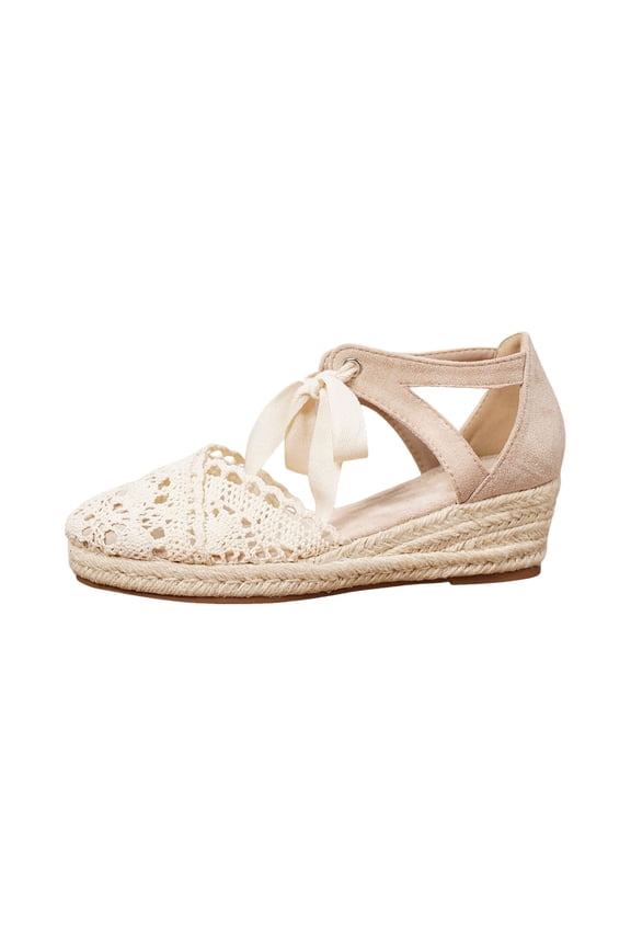 Women Lace Espadrille Wedge Sandals, Boho Closed Toe Ribbon Tie Platform Wedges, Breathable Summer Beach Walking Shoes, Lightweight Casual Vacation Wedges(Beige4/A)