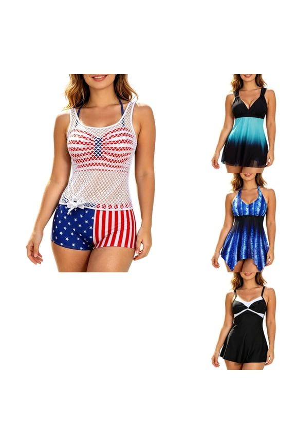 Women's American Flag Mesh Two Piece Tankini Set, 4th of July Patriotic Modest Bathing Suit for Beach Pool Vacation(Red/L)