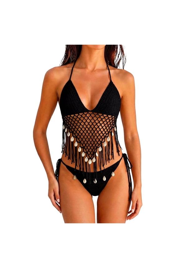 Women's Crochet Fringe Two Piece Bikini Set, Shell Decor Mesh Halter Swimwear for Beach Pool Vacation(Black/L)
