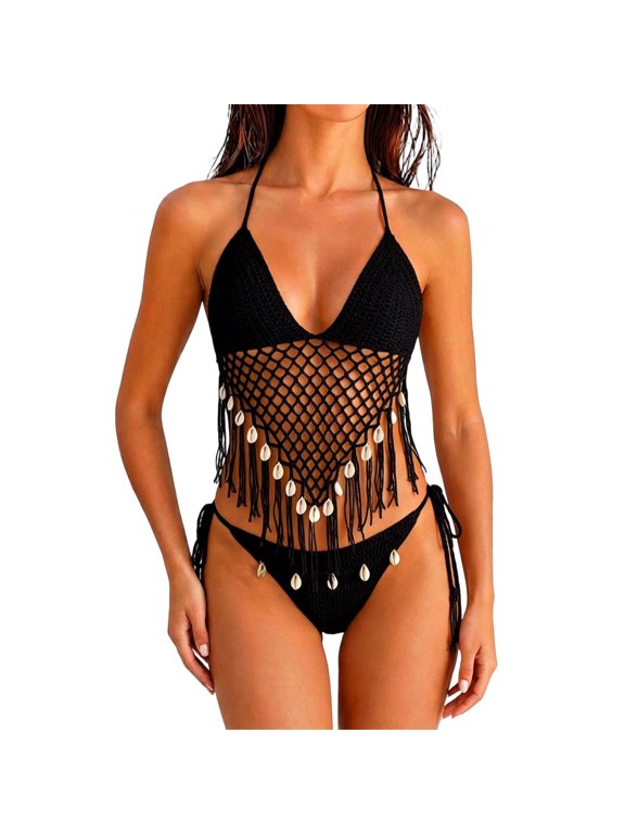 Women's Crochet Fringe Two Piece Bikini Set, Shell Decor Mesh Halter Swimwear for Beach Pool Vacation(Black/S)