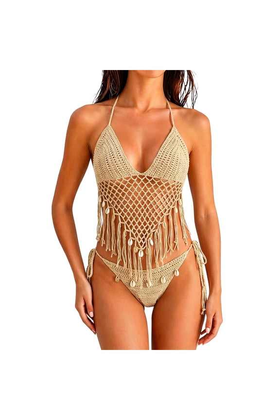 Women's Crochet Fringe Two Piece Bikini Set, Shell Decor Mesh Halter Swimwear for Beach Pool Vacation(Khaki/S)