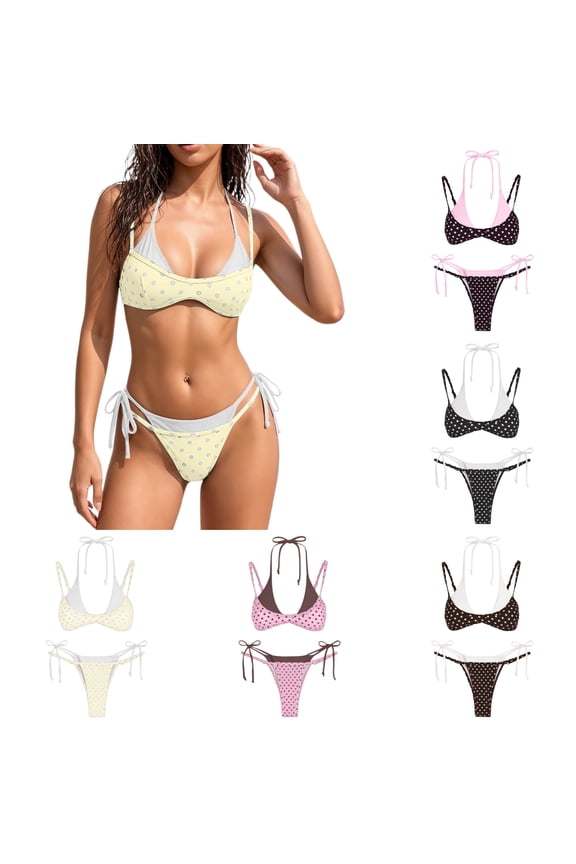Women's Double Layer Dot Print Triangle Bikini Set, Y2K Two Piece Swimsuit, Tie Back String Bathing Suit for Adults, Summer Beach Pool Vacation Swimwear(Yellow/S)