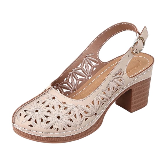 Heydday Women's High Heel Sandalsï¼Round Toe Hollow Embroidery Slingback Heel Sandals, Adjustable Buckle Platform Cutout Breathable (Khaki/36)