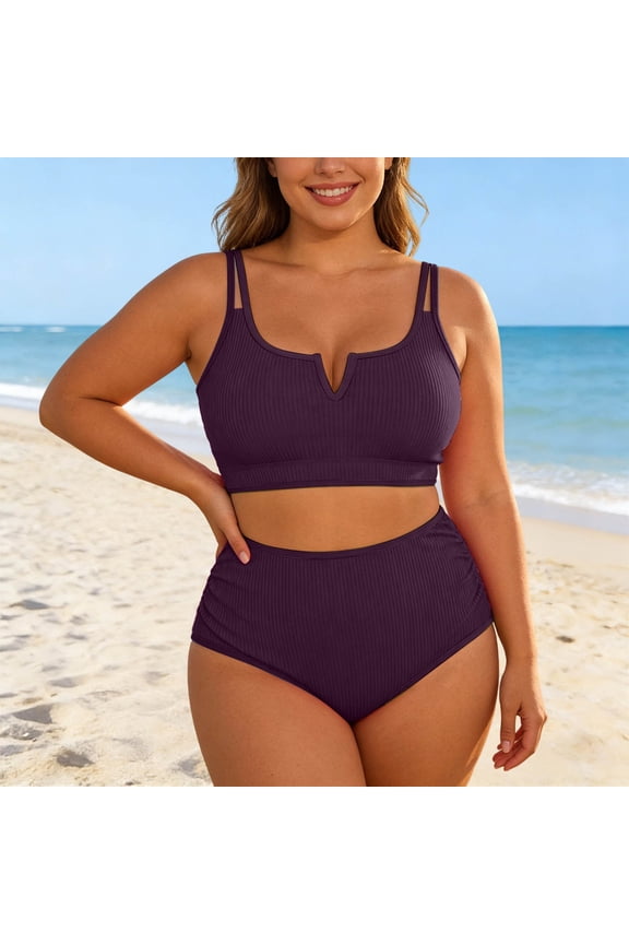 Women's Plus Size High Waisted Bikini, Ribbed Two Piece Tummy Control Bathing Suit, Adjustable Strap Padded Swimsuit for Summer Beach Pool Vacation, Curvy Swimwear(/L)