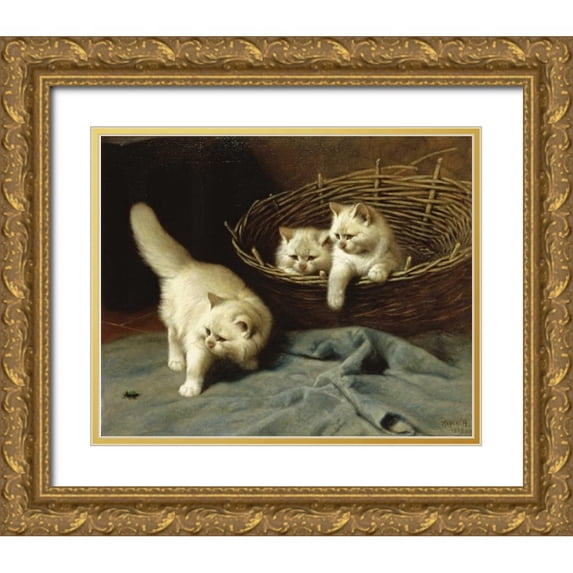 Heyer, Arthur 24x20 Gold Ornate Wood Framed with Double Matting Museum Art Print Titled - White Angora Kittens With a Beetle