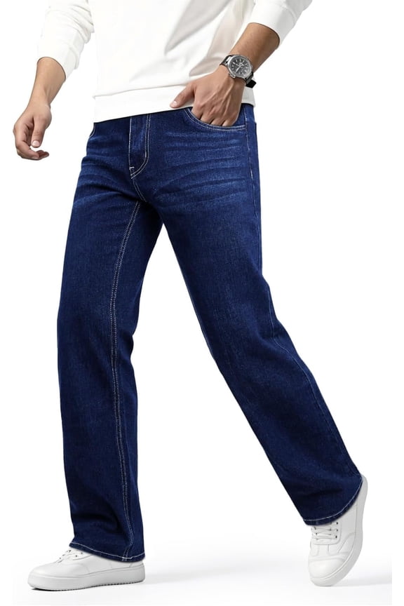 Men's Dark Wash Relaxed Straight Leg Jeans - Stretch Denim Pants for Casual & Daily Wear