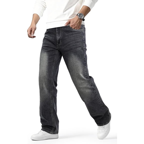 GINGTTO Men's Relaxed Fit Straight Leg Jeans - Vintage Washed Stretch Denim Pants
