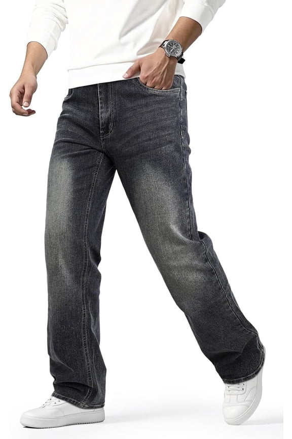 Men's Relaxed Fit Straight Leg Jeans - Vintage Washed Stretch Denim Pants