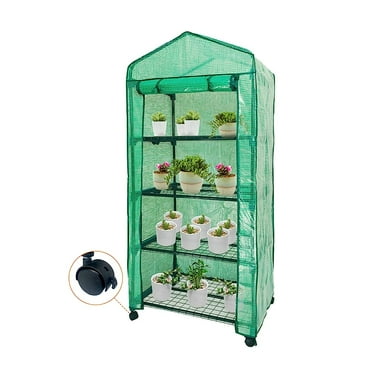 Heyfurni Mini Greenhouse,4 Shelves Small Portable Greenhouses Kit with Caster Wheels and Roll-up Zipper PE Cover, (28"x20"x65"), Green