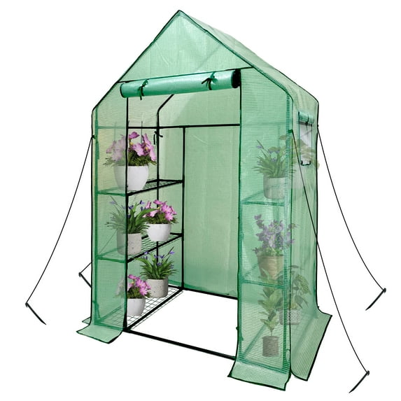 Heyfurni Walk-In Greenhouse Kit with Cover, 5 x 2.5 x 6.4ft 3 Tiers 6 Shelves Garden Outdoor Portable Greenhouse with Observation Windows, Green PE Door, Ground Pegs & Ropes
