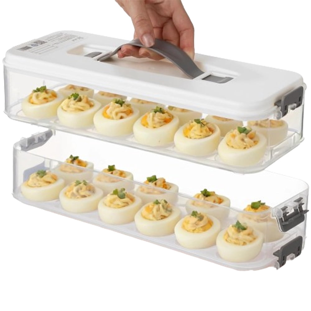 Heyingu 1Pcs Deviled Egg Containers with Lid 2 Layer Egg Carrier Box Dispenser Container with Handle for Refrigerator Pantry Travel(12.2 x 4.92 Inch)