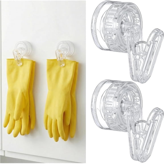 Heyingu 2Pcs Dish Glove Clip with Suction Cup Transparent No-Tool Hooks for Glass Window Round Suction Cup Clamp Holder for Home Kitchen Bathroom