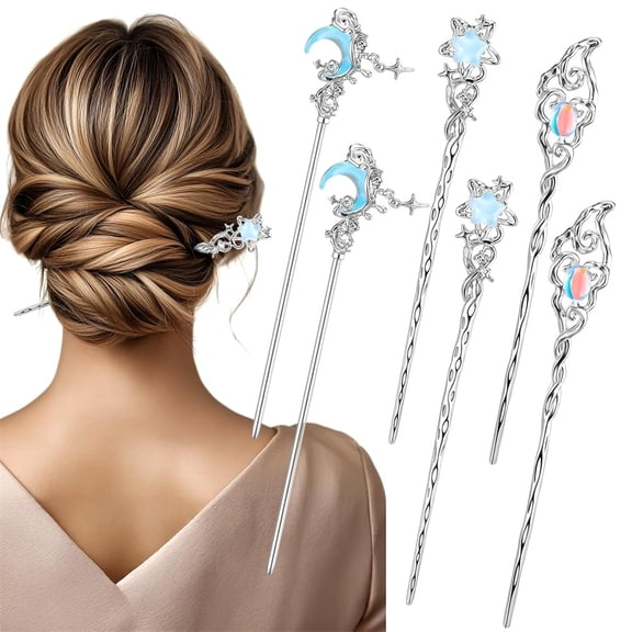 Heyingu 6Pcs Star Moon Hair Stick Metal Hair Bun Updo Holders Vintage Hair Sticks Long Hairpins for Women Girls(Style-1)