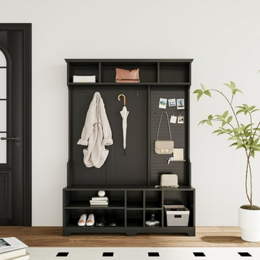 Heyizhuo Hall Tree with Shoe Bench, Coat Rack ,Shoe Storage ,Storage Shelves and Pegboard Black