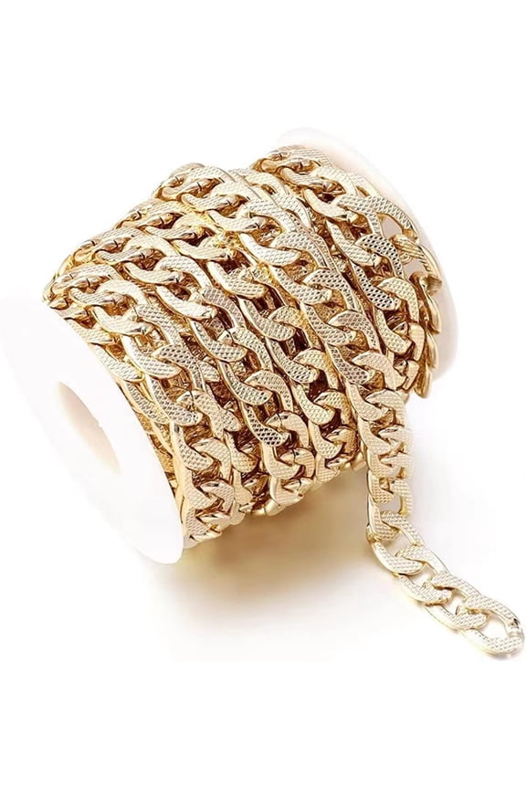 15 Feet Aluminum Flat Curb Chains Golden Twisted Miami Cuban Link Chain Chunky Chain Handbag Chain with Spool for Necklace Jewelry Making 15x10mm, Chain-NK-G-15MM