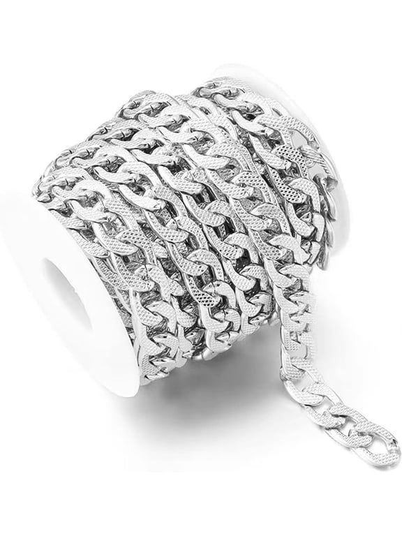 Heyjieyu 15 Feet Aluminum Flat Curb Chains Silver Plated Twisted Miami Cuban Link Chain Chunky Chain Handbag Chain with Spool for Necklace Jewelry Making 15x10mm, Chain-NK-S-15MM