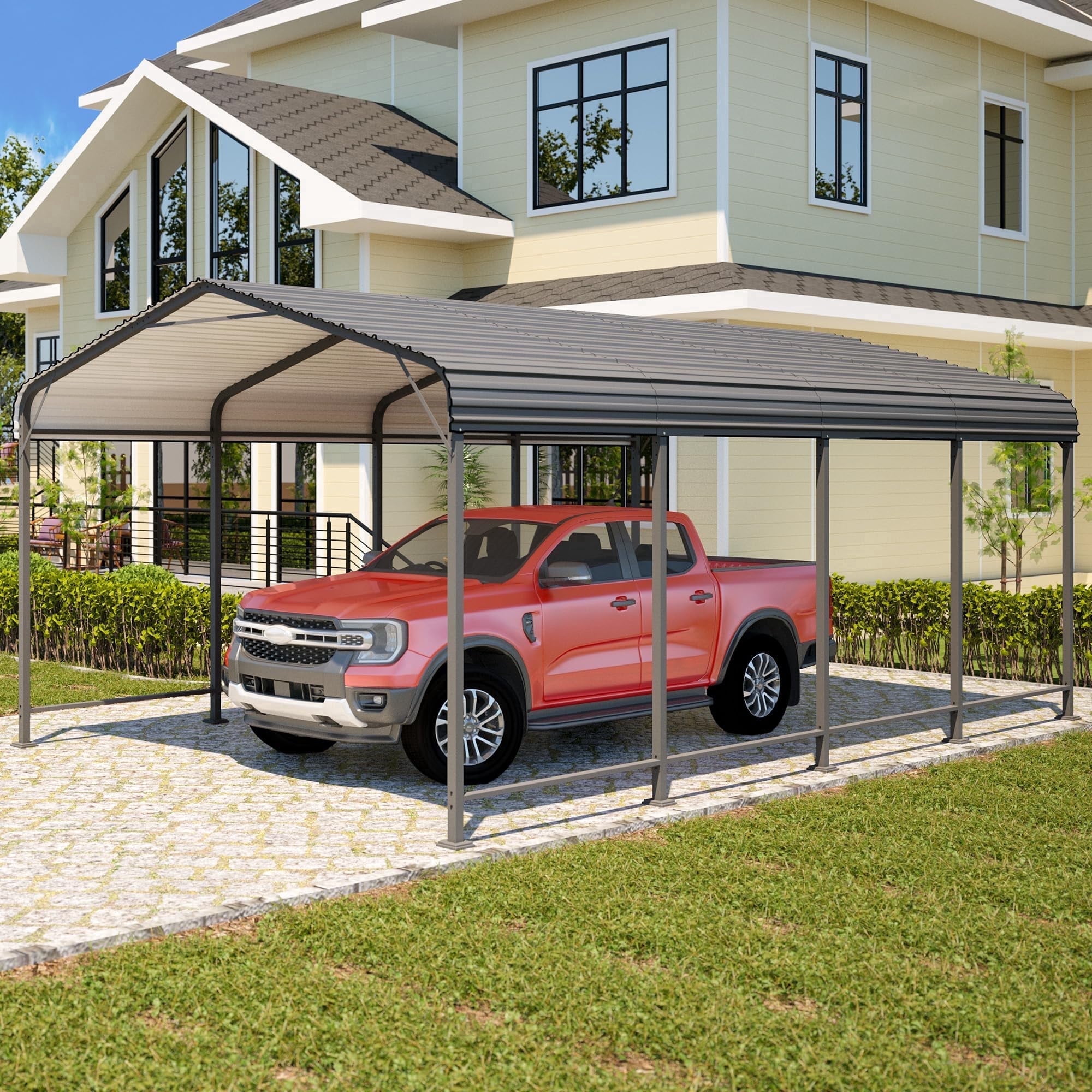 Heynemo 12x20 FT Heavy Duty Metal Carport with Updated Roof & Enhanced Base, Multi-Use Carport Garage for Car, Truck, Boat, Tractors, Party, Grey