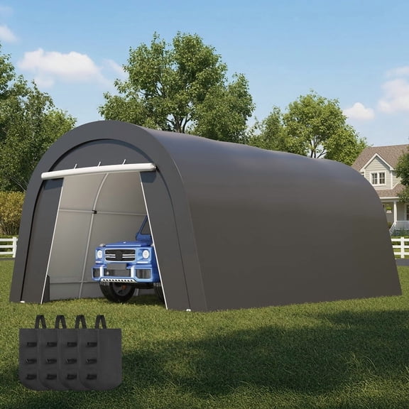 13' x 20' Carport , Outdoor Dome‑Shape Portable Garage with Dual Roll‑Up Zipper Doors, Heavy‑Duty Car Canopy Storage Shelter for Vehicle & Equipment, Dark Gray, Heynemo
