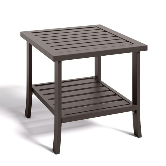 Heynemo 2-Tier Storage Square Patio Side Table, Outdoor Coffee Table, All-Weather Metal Patio End Table for Porch Backyard Garden, Brown