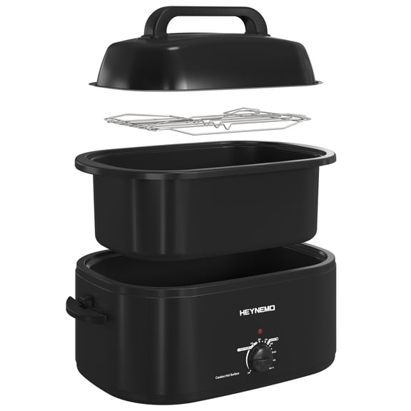 Heynemo 22 Quart Electric Roaster Oven with Visible & Self-Basting Lid, Large Turkey Roaster with Defrost Warm Function, Adjustable Temperature, Removable Pan Rack, Stainless Steel