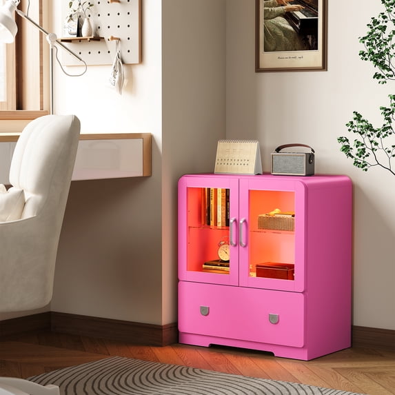 Heynemo 27'' Tall Display Cabinet with Acrylic Doors and LED Lights, Pink