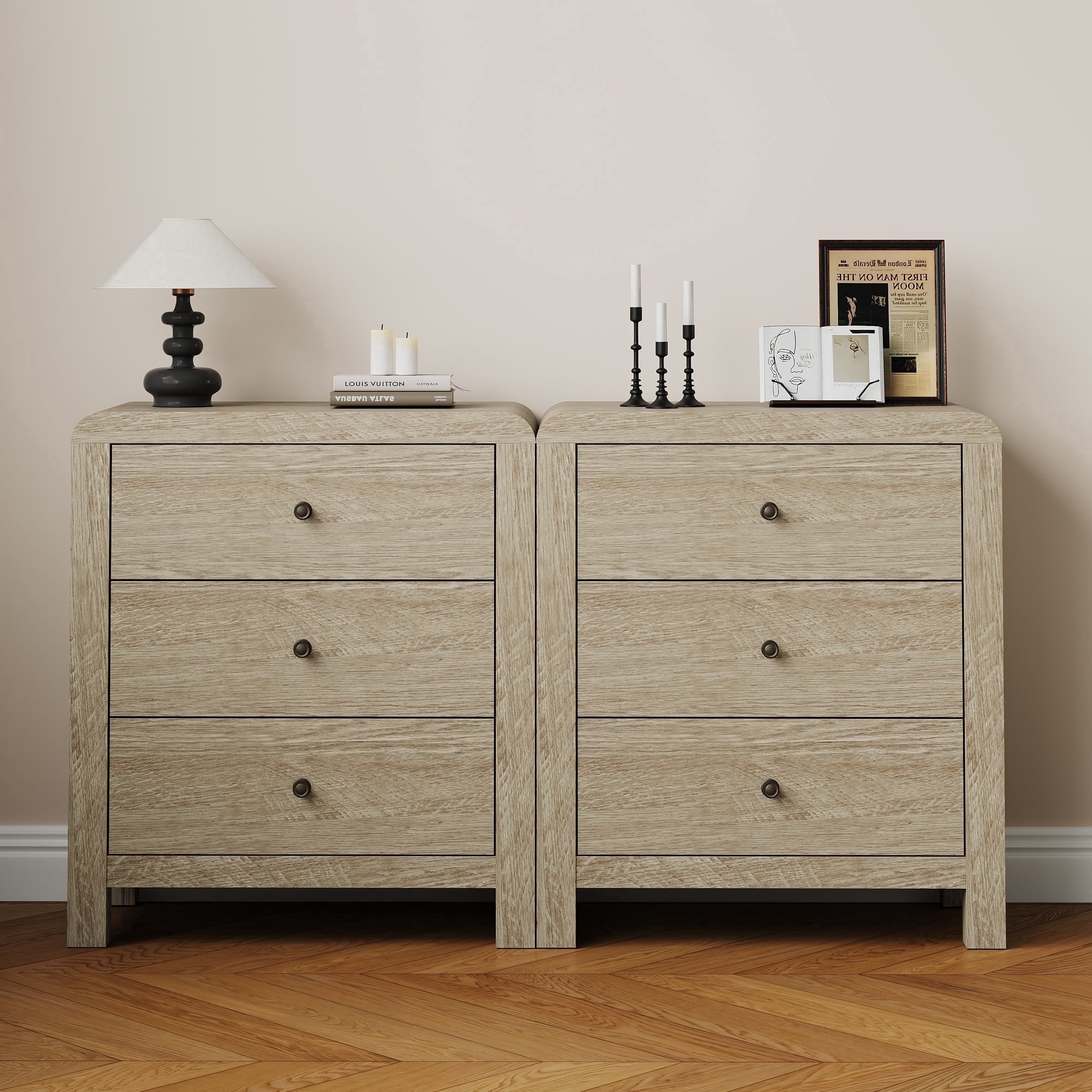 Heynemo 3 Drawer Dresser Set of 2, Large Nightstand with Rounded Table Corners, for Bedroom, Living Room, Entryway, Natural Wood