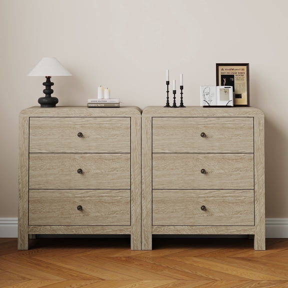 Heynemo 3 Drawer Dresser Set of 2, Large Nightstand with Rounded Table Corners, for Bedroom, Living Room, Entryway, Natural Wood