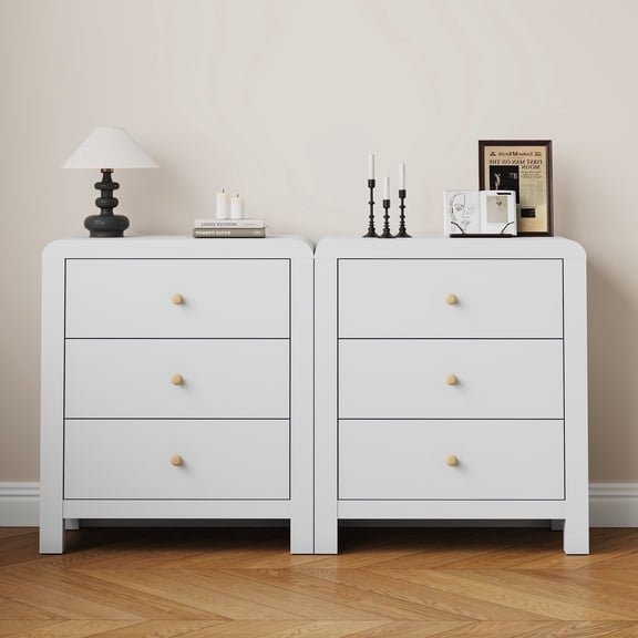 Heynemo 3 Drawer Dresser Set of 2, Large Nightstand with Rounded Table Corners, for Bedroom, Living Room, Entryway, White