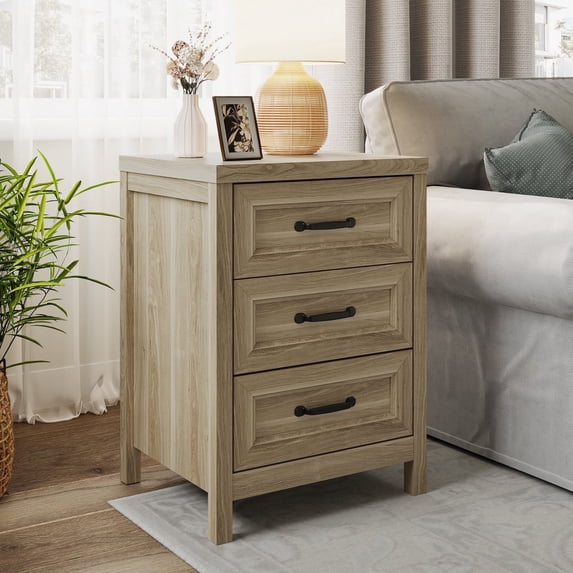 Heynemo Natural 3-Drawer Nightstand, Modern Wood Bedside Table & Small Accent Dresser for Bedroom, Living Room, Entryway Hallway Storage