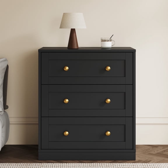 Heynemo 3-Drawer Nightstand, Wooden Bedside Table with Gold Knobs, Modern Storage Cabinet for Bedroom, Living Room, or Hallway, Black