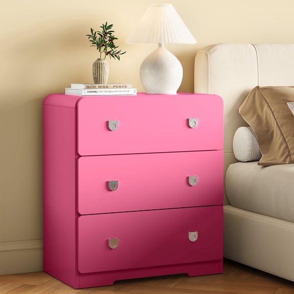 Heynemo 3 Drawer Nightstand, Painted End Table with U-Shaped Handles for Bedroom, Entryway, Living Room, Pink