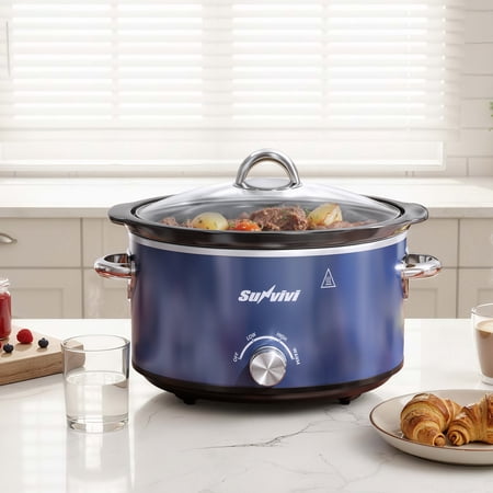 Heynemo 4 Quart Slow Cooker, Mini Food Warmer with Removable Ceramic Pot, 3 Heat Settings, Dishwasher Safe Lid, Stainless Steel, Blue