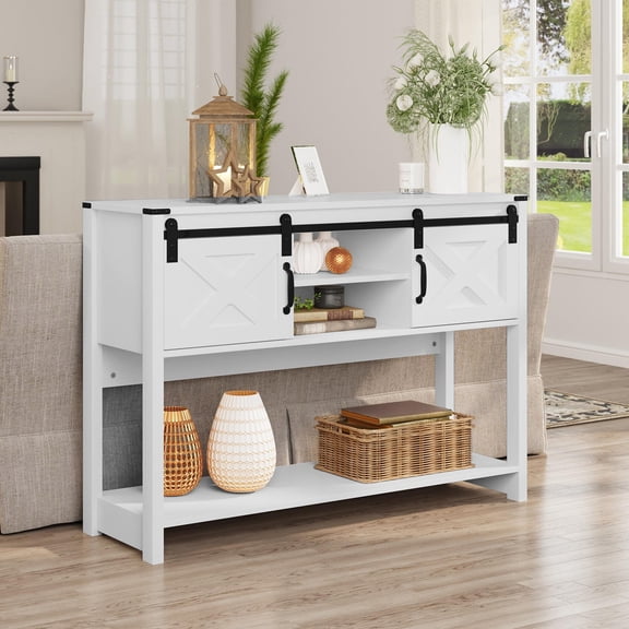 Heynemo 46" Farmhouse Console Table, Sliding Barn Door, Adjustable Shelf, Entryway, Hallway Table, White