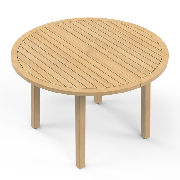 Heynemo 47.24" Round Patio Dining Table, Solid Acacia Wood Outdoor Table with Umbrella Hole, Weatherproof Wooden Furniture for Backyard & Garden
