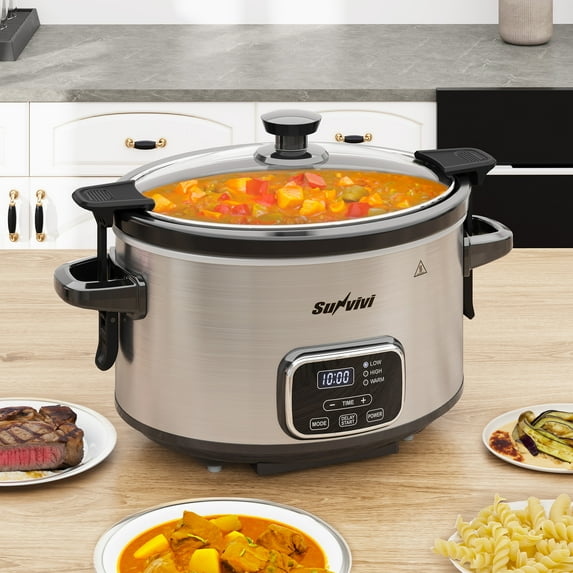 Heynemo 4QT Programmable Slow Cooker with Locking Lid, Removable Ceramic Pot, 3 Heating Settings & Timer, Dishwasher-Safe, Stainless Steel
