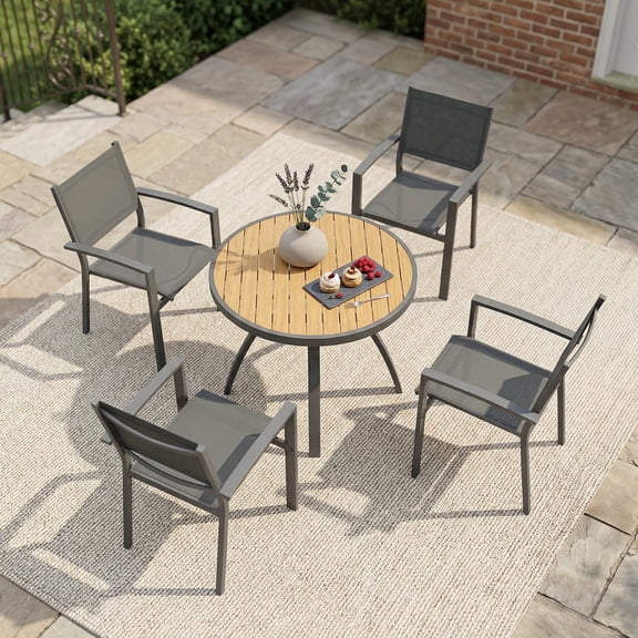 Heynemo 5-Piece Patio Dining Set,Aluminum Outdoor Table and Chairs Set with Textilene Mesh, Round Patio Table for 4, for Garden, Backyard, Deck, Balcony