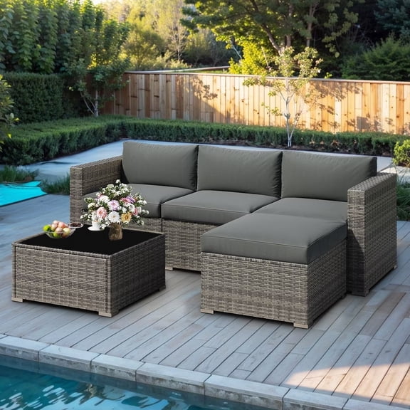 Heynemo 5-Piece Patio Furniture Set with Ottoman and Coffee Table, Outdoor Rattan Furniture Set with Gray Cushions