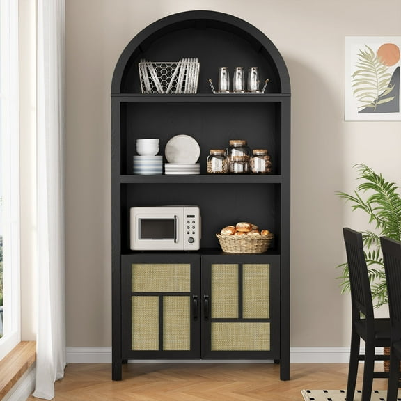 Heynemo 59'' Arched Storage Cabinet with 2 Doors, Boho Rattan Sideboard Buffet Cabinet with Adjustable Shelves, Large Entryway Table for Kitchen, Hallway, Dining Room, Living Room, Office, Black