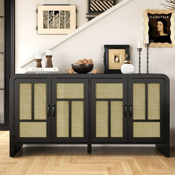 Heynemo 59'' Storage Cabinet with 4 Rattan Doors, Boho Sideboard Buffet Cabinet with Adjustable Shelves, Large Entryway Table for Kitchen, Hallway, Dining Room, Living Room, Office, Black