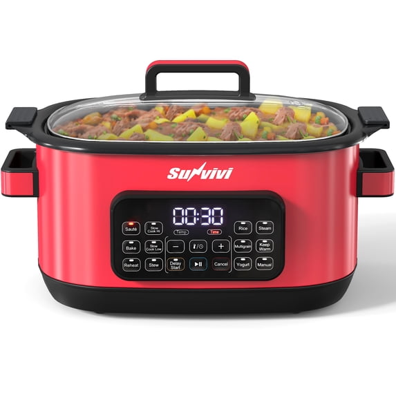 Heynemo 6.5QT Digital Multi Cooker, 12-in-1 Slow Cooker & Roaster with Timer, Temp Control, Delay Start, Nonstick Pot, Red