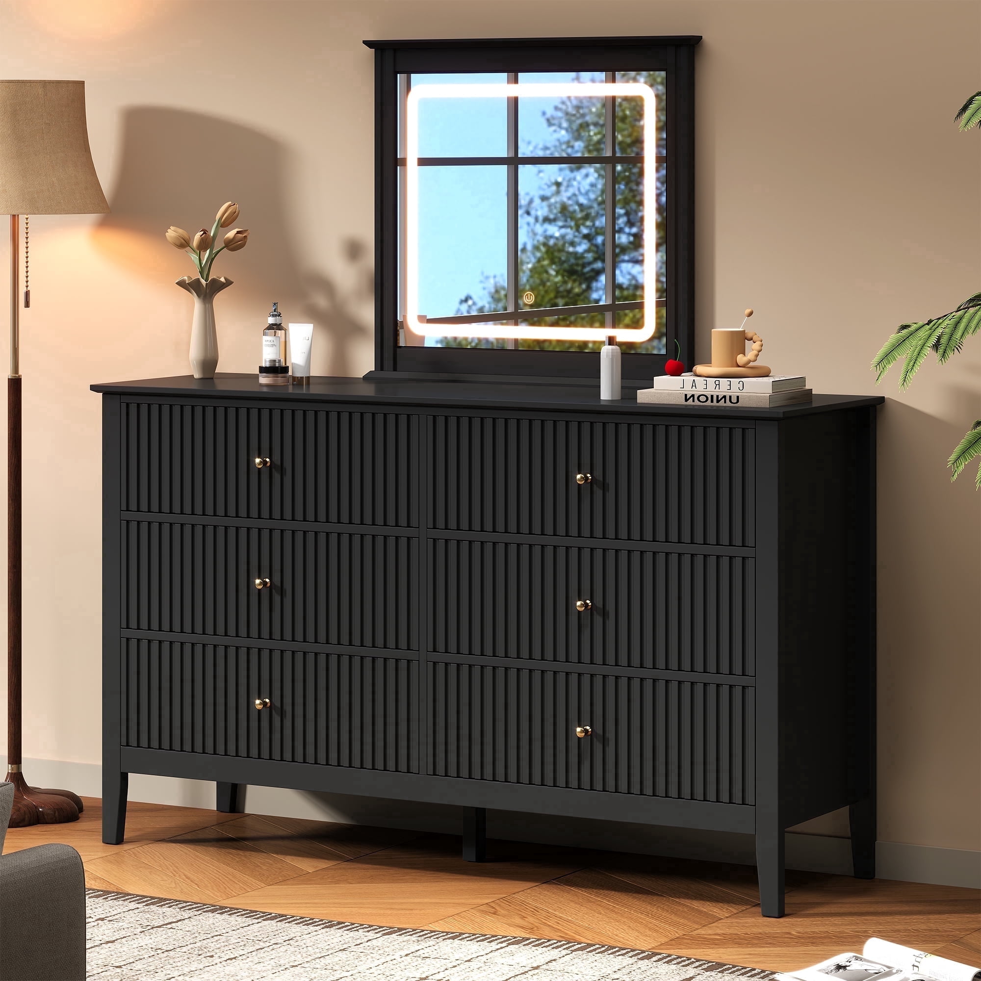 Heynemo Fluted 6 Drawer Dresser with Lighted Mirror, Wide Modern Chests of Drawers for Bedroom, Living Room, Hallway, Black
