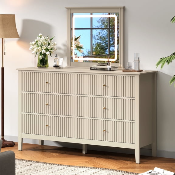 Heynemo 6 Drawer Dresser with Lighted Mirror for Bedroom, Beige
