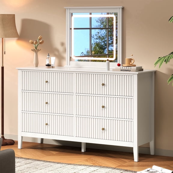 Heynemo Fluted 6 Drawer Dresser with Lighted Mirror, Wide Modern Chests of Drawers for Bedroom, Living Room, Hallway, White