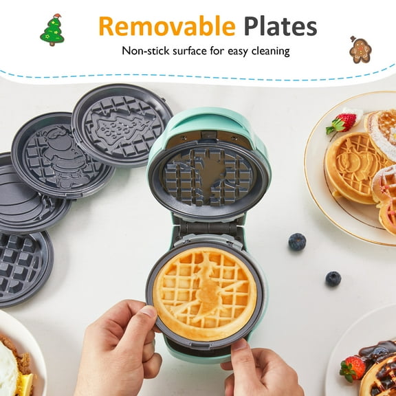 Heynemo 6 in 1 Mini Waffle Maker, 4 Waffle Iron with Removable Non-stick Plates, Perfect Mini Waffle Maker for Kids and Families, Light Blue
