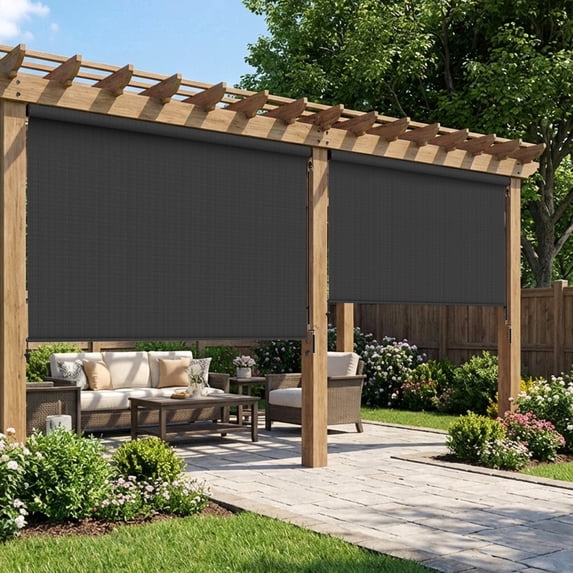 Heynemo 6'x 8' Outdoor Roller Shade, Cordless Patio Shade with Crank Handle, 95% UV Protection Outdoor Blind for Porch, Gazebo, Pergola, Black