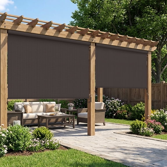 Heynemo 6'x 8' Outdoor Roller Shade, Cordless Patio Shade with Crank Handle, 95% UV Protection Outdoor Blind for Porch, Gazebo, Pergola, Brown