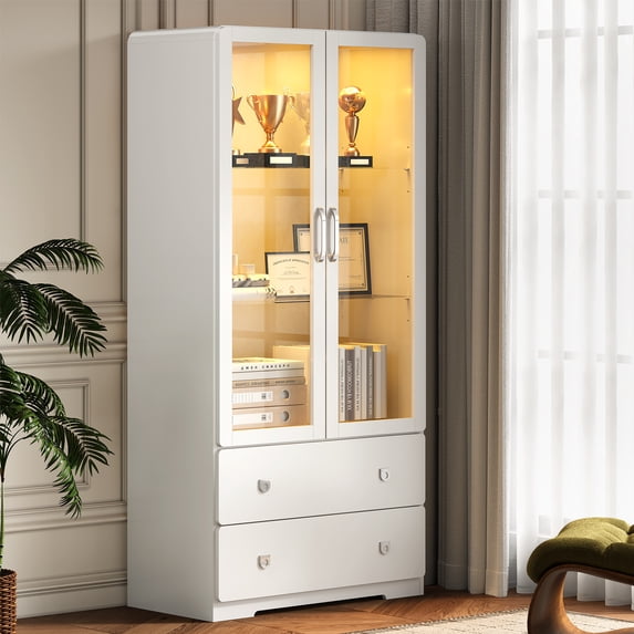 Heynemo 64 in tall white display cabinet with acrylic doors, LED lights, and two drawers