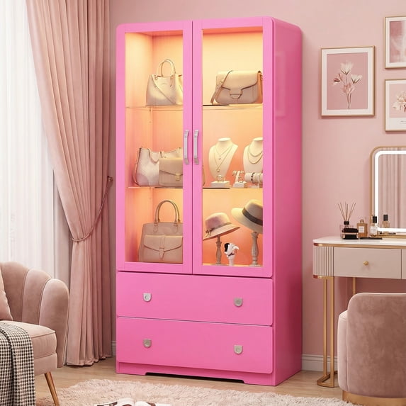 Heynemo 64'' Tall Display Cabinet with Acrylic Doors and LED Lights, Pink