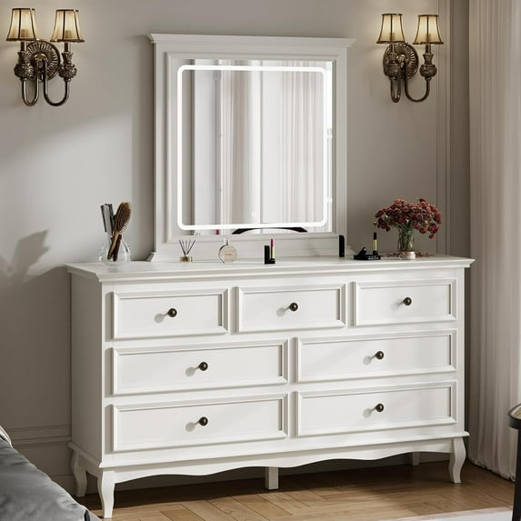 Heynemo 7 Drawer Dresser for Bedroom, Large Chest of Drawers with Metal Handles, Wide Modern Wood Dresser with LED Mirror for Bedroom, Living Room, White
